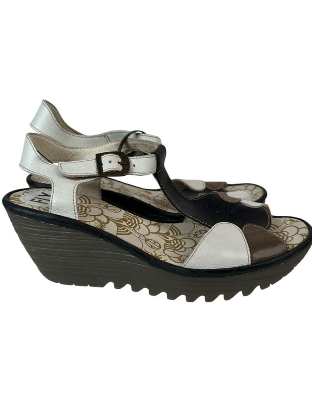 Fly London Yima Leather Colorblock Platform Wedge Sandals Euro 40 Womens